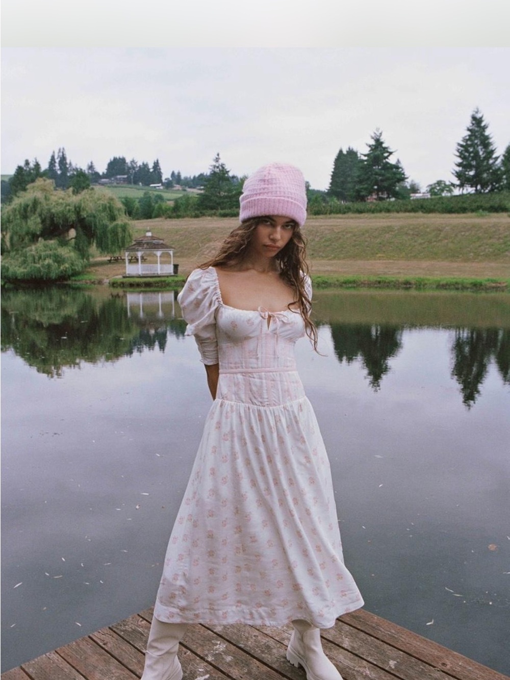 For Love & Lemons Pale Pink Floral Maxi Dress with Puff Sleeves